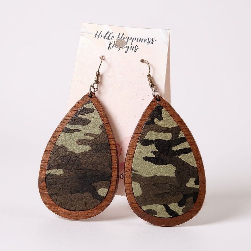 Hello Happiness Designs Camo Teardrop Wood & Faux Leather Dangles Hypoallergenic